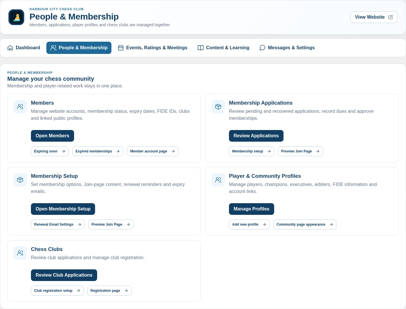 Chess Suite membership interface with fictional demo data