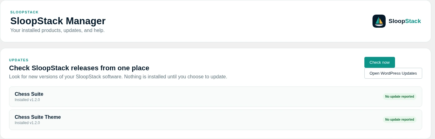 SloopStack Manager updates page with sample data
